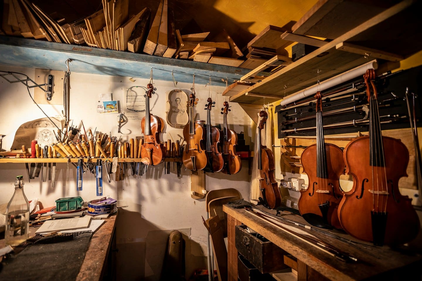 Laboratorio di liuteria con violini, violoncelli e attrezzi per la lavorazione del legno.